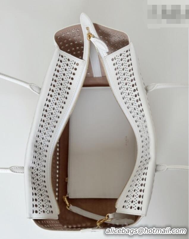 Grade Quality Alaia Mina Large Tote Bag in Vienne Openwork Calfskin Leather 8821L White 2025
