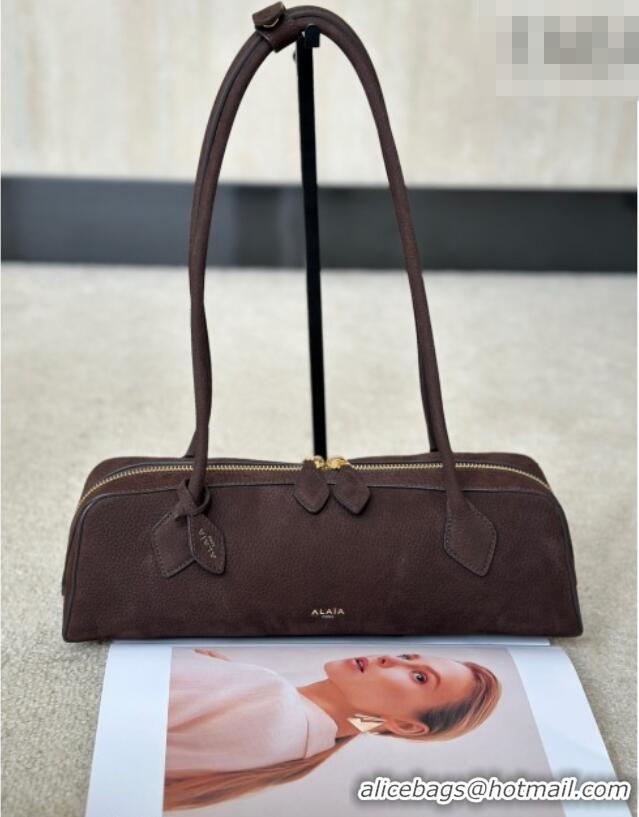 Best Grade Alaia Le Tecket Medium Long Shoulder bag in Grained Nubuck 8815M Dark Brown 2026