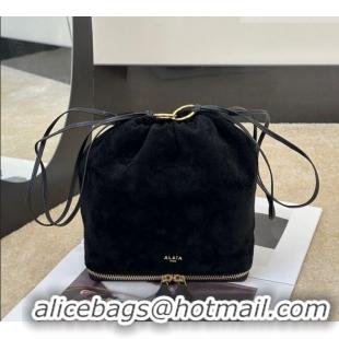 Fashion Discount Alaia Le Pochon Drawstring Bucket Bag in Suede 8856 Black 2026