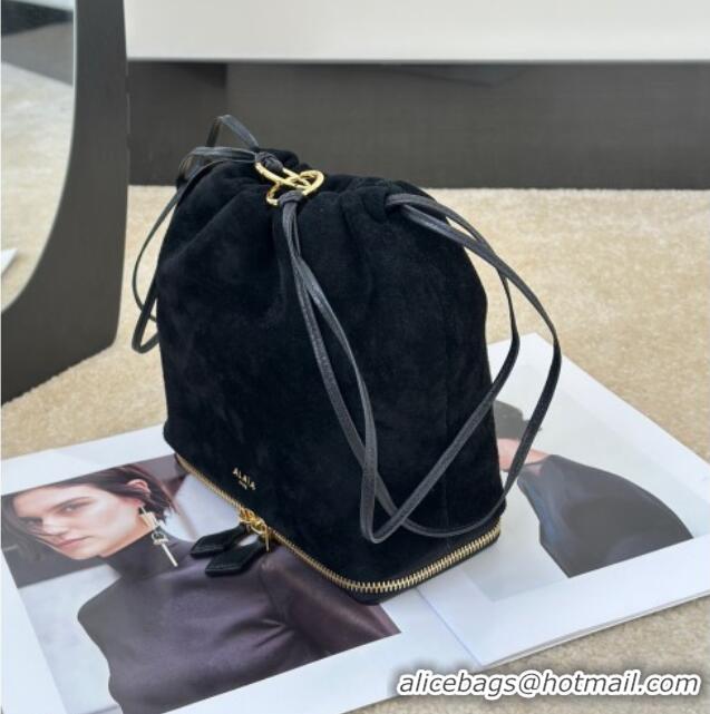 Fashion Discount Alaia Le Pochon Drawstring Bucket Bag in Suede 8856 Black 2026