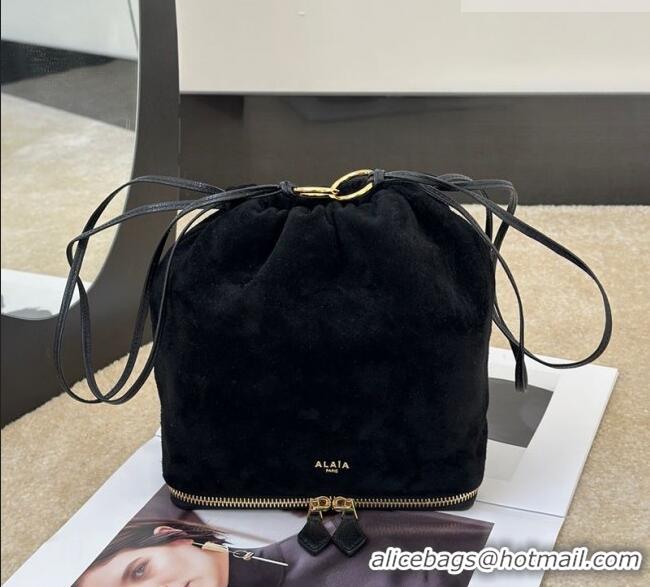 Fashion Discount Alaia Le Pochon Drawstring Bucket Bag in Suede 8856 Black 2026