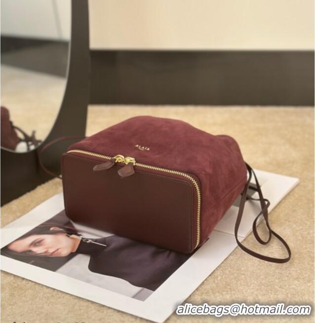 Best Price Alaia Le Pochon Drawstring Bucket Bag in Suede 8856 Burgundy 2026
