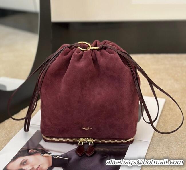 Best Price Alaia Le Pochon Drawstring Bucket Bag in Suede 8856 Burgundy 2026