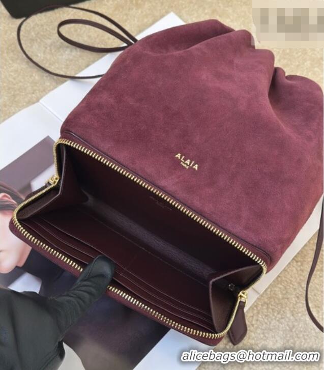 Best Price Alaia Le Pochon Drawstring Bucket Bag in Suede 8856 Burgundy 2026