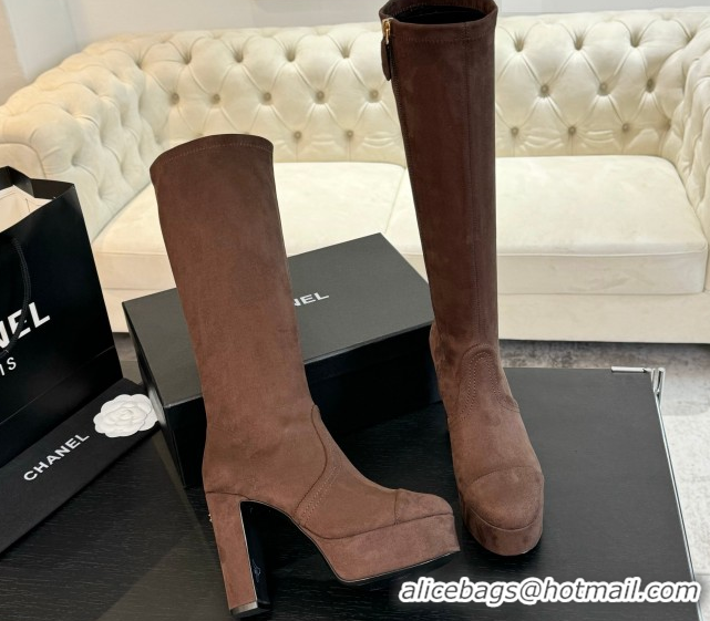 Buy Luxury Chanel Stretch Suede Platform High Boots 11.5cm CH122303 Brown 2026