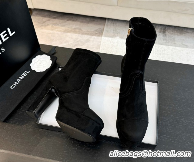Shop Duplicate Chanel Stretch Suede Platform Ankle Boots 11.5cm CH122303 Black 2026