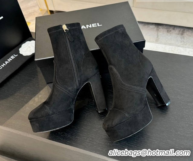 Shop Duplicate Chanel Stretch Suede Platform Ankle Boots 11.5cm CH122303 Black 2026