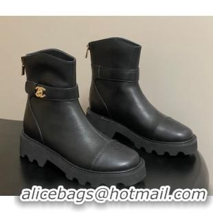 Good Quality Chanel Calfskin Leather Platform Ankle Boots with Logo Strap Black CH122304 1223016 2026