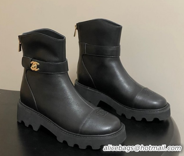 Good Quality Chanel Calfskin Leather Platform Ankle Boots with Logo Strap Black CH122304 1223016 2026