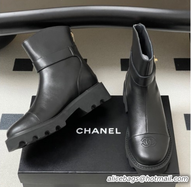 Good Quality Chanel Calfskin Leather Platform Ankle Boots with Logo Strap Black CH122304 1223016 2026