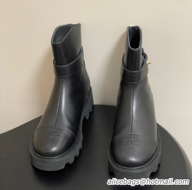 Good Quality Chanel Calfskin Leather Platform Ankle Boots with Logo Strap Black CH122304 1223016 2026