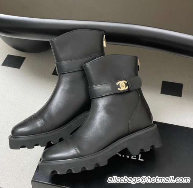 Good Quality Chanel Calfskin Leather Platform Ankle Boots with Logo Strap Black CH122304 1223016 2026