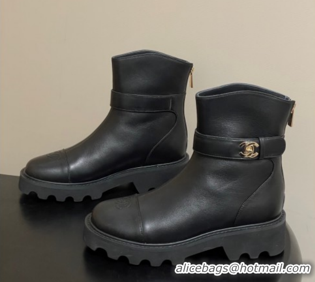 Good Quality Chanel Calfskin Leather Platform Ankle Boots with Logo Strap Black CH122304 1223016 2026