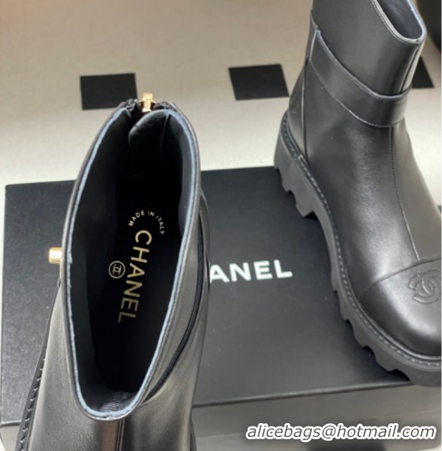 Good Quality Chanel Calfskin Leather Platform Ankle Boots with Logo Strap Black CH122304 1223016 2026