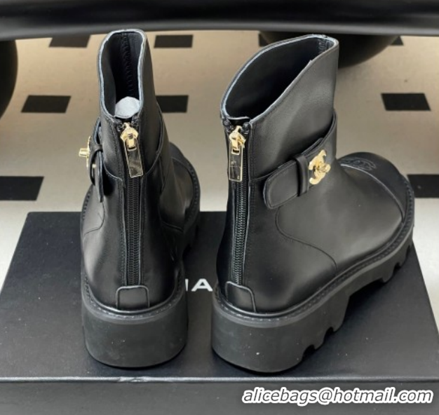 Good Quality Chanel Calfskin Leather Platform Ankle Boots with Logo Strap Black CH122304 1223016 2026