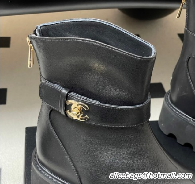 Good Quality Chanel Calfskin Leather Platform Ankle Boots with Logo Strap Black CH122304 1223016 2026