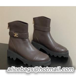 Unique Style Chanel Calfskin Leather Platform Ankle Boots with Logo Strap CH122304 Brown 2026