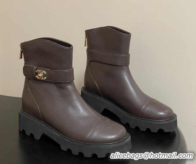 Unique Style Chanel Calfskin Leather Platform Ankle Boots with Logo Strap CH122304 Brown 2026