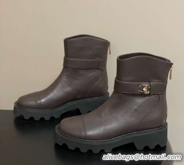 Unique Style Chanel Calfskin Leather Platform Ankle Boots with Logo Strap CH122304 Brown 2026