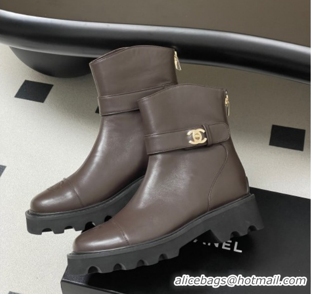 Unique Style Chanel Calfskin Leather Platform Ankle Boots with Logo Strap CH122304 Brown 2026
