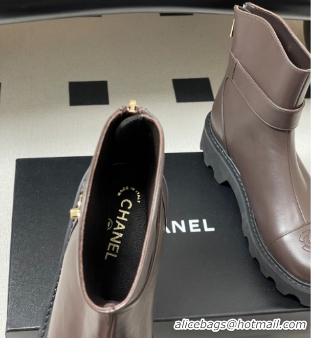 Unique Style Chanel Calfskin Leather Platform Ankle Boots with Logo Strap CH122304 Brown 2026