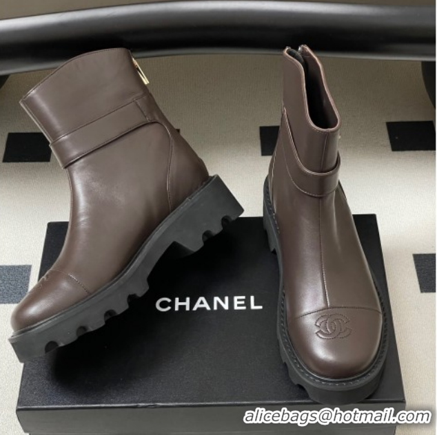 Unique Style Chanel Calfskin Leather Platform Ankle Boots with Logo Strap CH122304 Brown 2026