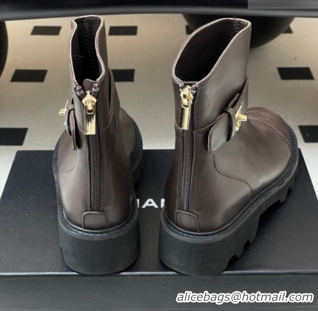 Unique Style Chanel Calfskin Leather Platform Ankle Boots with Logo Strap CH122304 Brown 2026