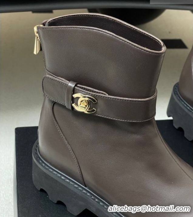 Unique Style Chanel Calfskin Leather Platform Ankle Boots with Logo Strap CH122304 Brown 2026
