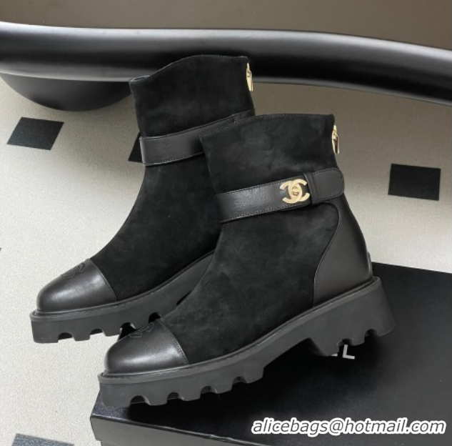 Luxurious Chanel Suede Platform Ankle Boots with Logo Strap CH122304 Black 2026
