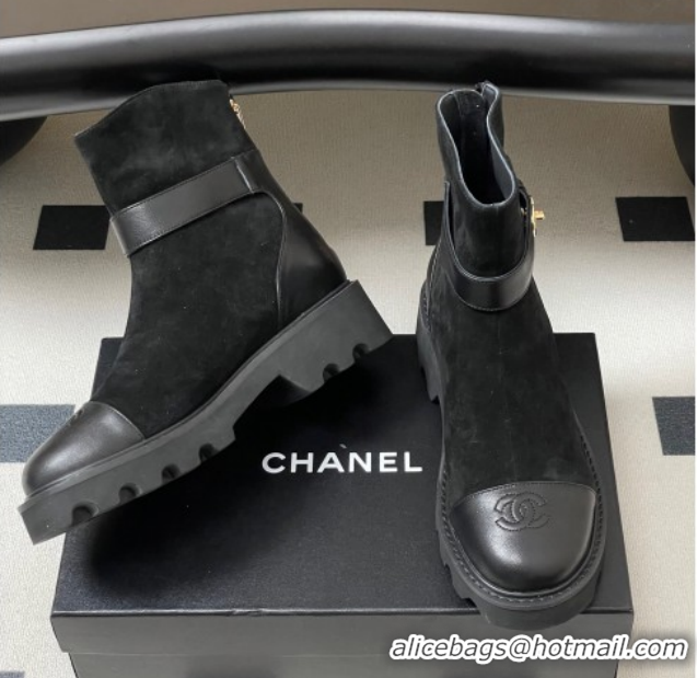 Luxurious Chanel Suede Platform Ankle Boots with Logo Strap CH122304 Black 2026