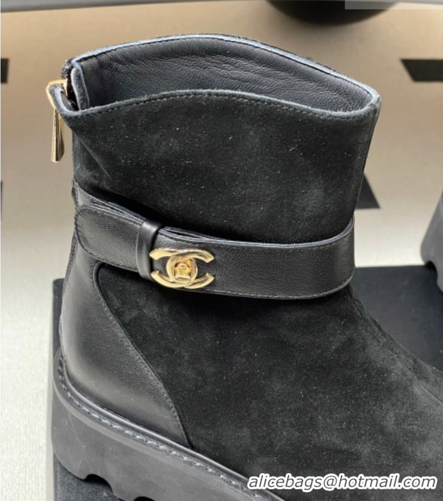 Luxurious Chanel Suede Platform Ankle Boots with Logo Strap CH122304 Black 2026