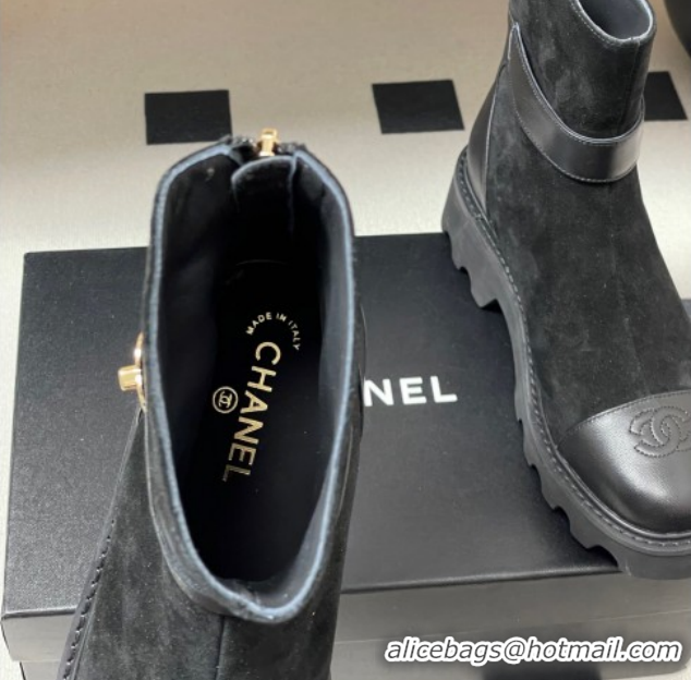Luxurious Chanel Suede Platform Ankle Boots with Logo Strap CH122304 Black 2026