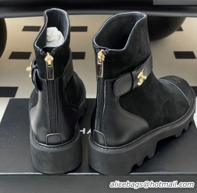 Luxurious Chanel Suede Platform Ankle Boots with Logo Strap CH122304 Black 2026