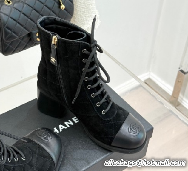 Most Popular Chanel Quilted Suede Lace-Up Shoes Ankle Boots 5cm G46973 Black 2026