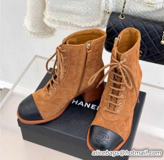 Popular Style Chanel Quilted Suede Lace-Up Shoes Ankle Boots 5cm G46973 Brown 2026