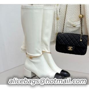 Best Price Chanel Stretch Leather Heel High Boots 5cm with Logo Loop White G46934 White 2026