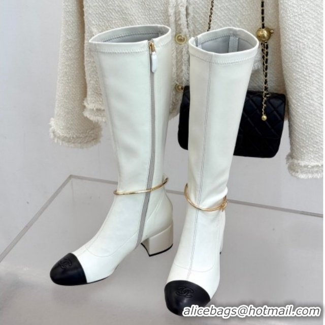 Best Price Chanel Stretch Leather Heel High Boots 5cm with Logo Loop White G46934 White 2026