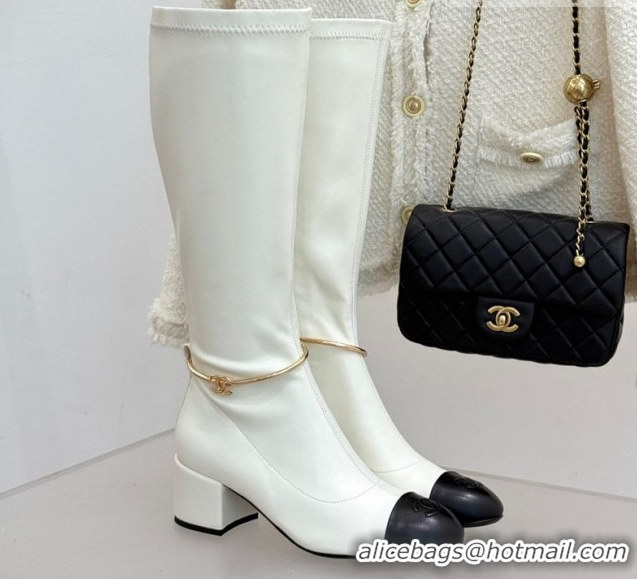 Best Price Chanel Stretch Leather Heel High Boots 5cm with Logo Loop White G46934 White 2026