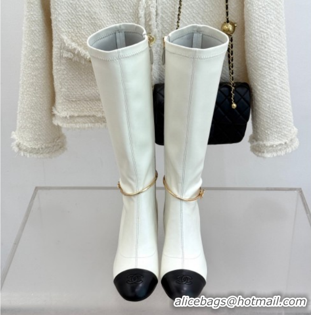 Best Price Chanel Stretch Leather Heel High Boots 5cm with Logo Loop White G46934 White 2026