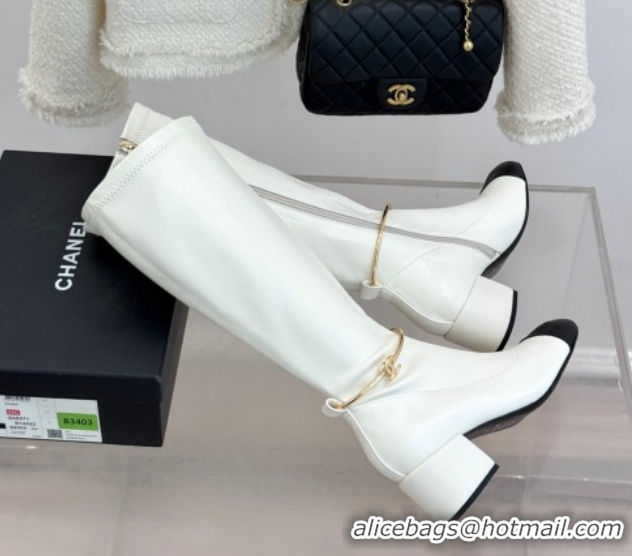 Best Price Chanel Stretch Leather Heel High Boots 5cm with Logo Loop White G46934 White 2026