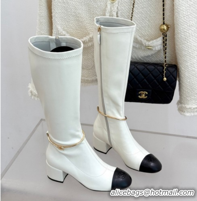 Best Price Chanel Stretch Leather Heel High Boots 5cm with Logo Loop White G46934 White 2026