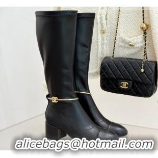 Shop Duplicate Chanel Stretch Leather Heel High Boots 5cm with Logo Loop White G46934 Black 2026