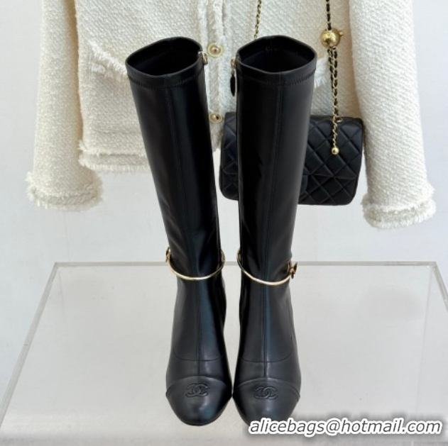 Shop Duplicate Chanel Stretch Leather Heel High Boots 5cm with Logo Loop White G46934 Black 2026
