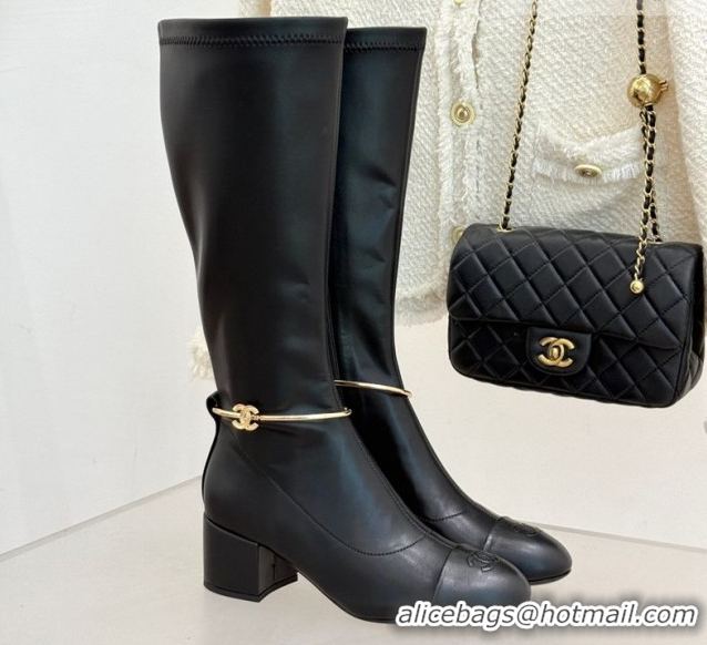 Shop Duplicate Chanel Stretch Leather Heel High Boots 5cm with Logo Loop White G46934 Black 2026