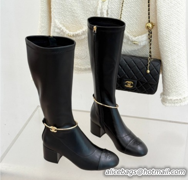 Shop Duplicate Chanel Stretch Leather Heel High Boots 5cm with Logo Loop White G46934 Black 2026