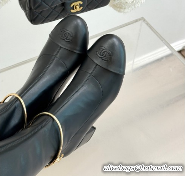 Shop Duplicate Chanel Stretch Leather Heel High Boots 5cm with Logo Loop White G46934 Black 2026