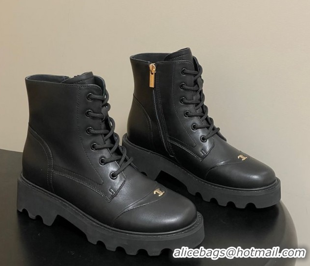 Pretty Style Chanel Calfskin Leather Laced-up Ankle Boots CH110404 Black 2026