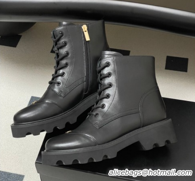Pretty Style Chanel Calfskin Leather Laced-up Ankle Boots CH110404 Black 2026
