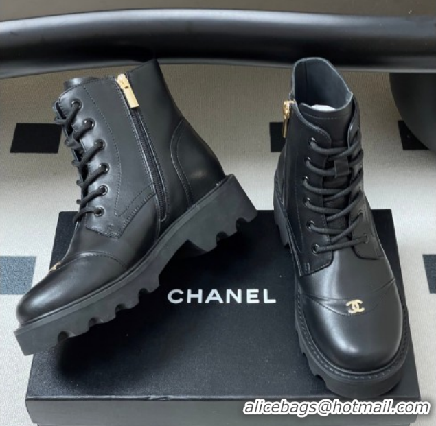 Pretty Style Chanel Calfskin Leather Laced-up Ankle Boots CH110404 Black 2026