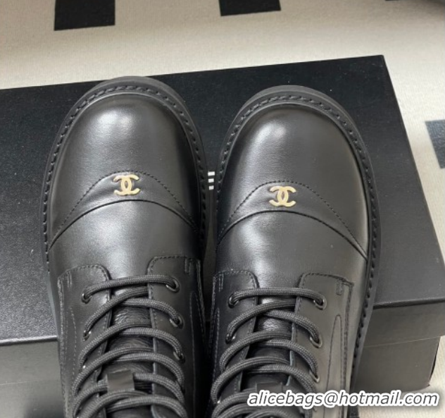 Pretty Style Chanel Calfskin Leather Laced-up Ankle Boots CH110404 Black 2026